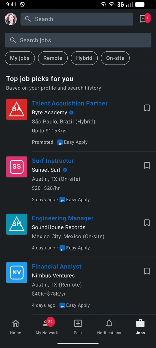 Promoted jobs at the top of the LinkedIn-style job picks.