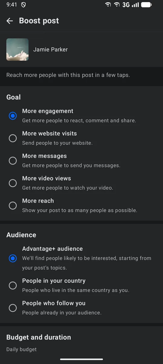 Boost post in the Facebook-style app: duration, daily budget and payment summary.