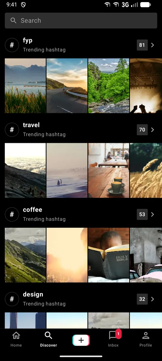 A sponsored tile on the TikTok-style Discover page, between trending sounds.