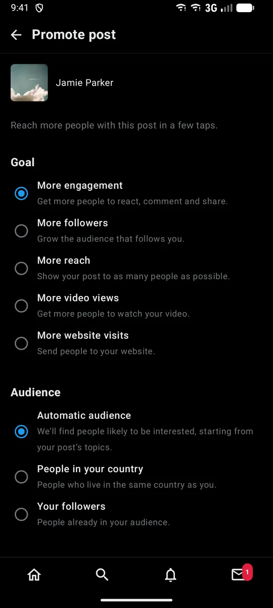 Promote post in the Twitter-style app: audience, duration and daily budget.