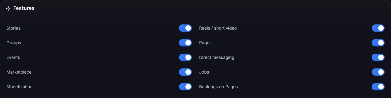Admin → Settings → Features: switches for stories, reels, groups, Pages, events, direct messaging, marketplace, jobs, monetization and bookings on Pages.
