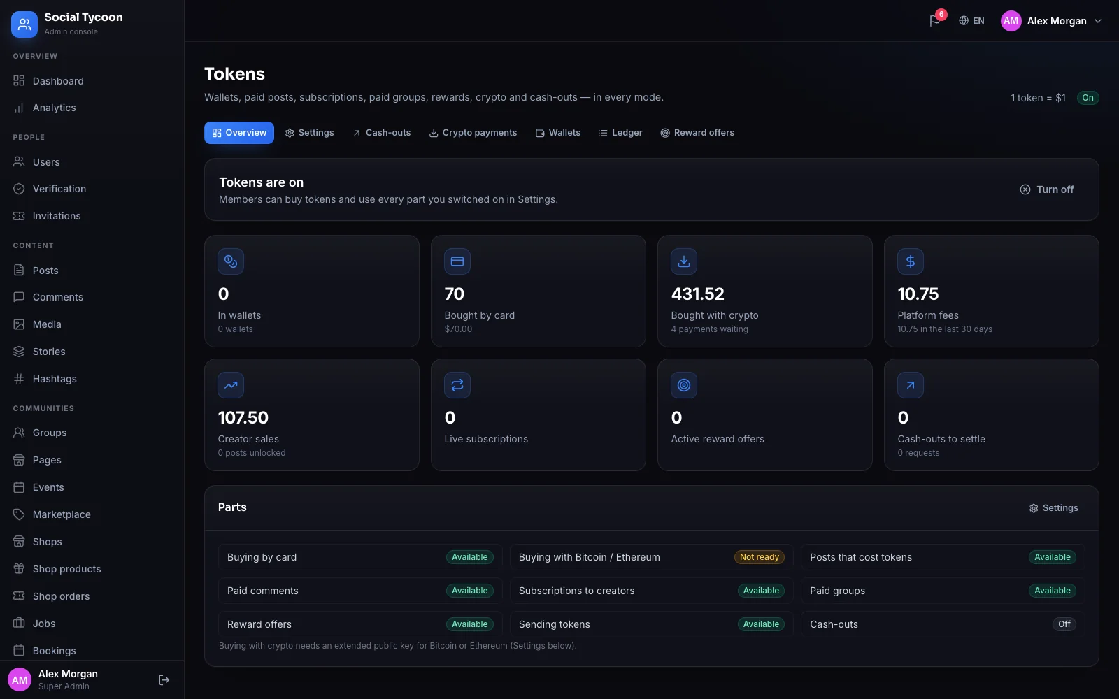The admin’s Tokens page: tokens bought by card and with crypto, platform fees, creator sales and the parts that are switched on.