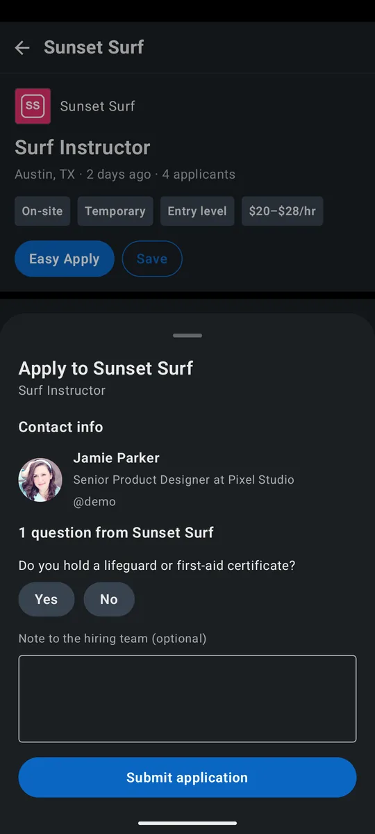 LinkedIn style: Easy Apply — Android.
