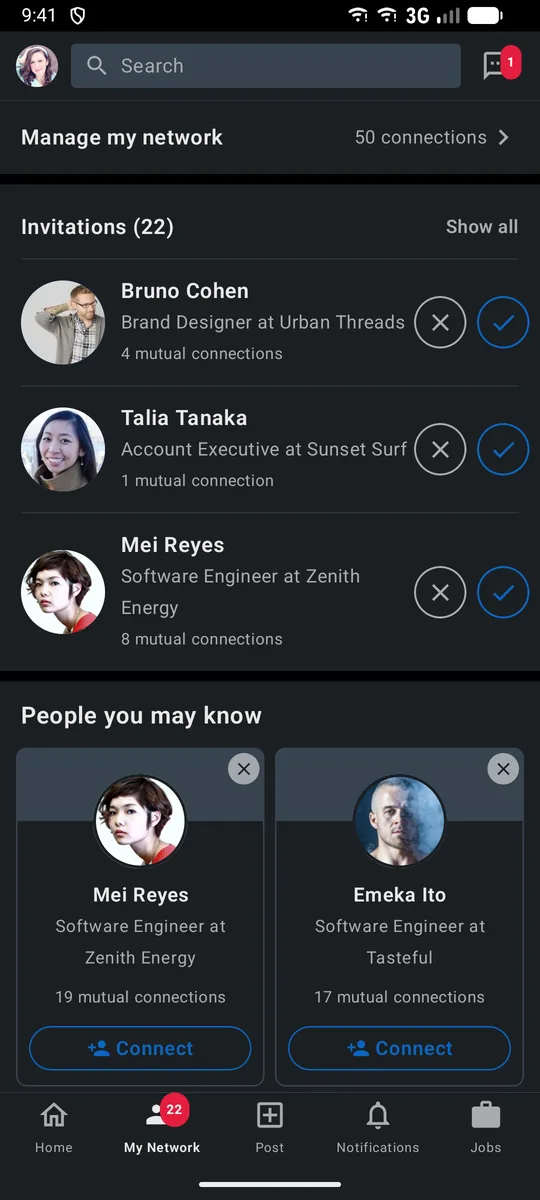 The LinkedIn-style app on Android: My Network with invitations and people you may know.