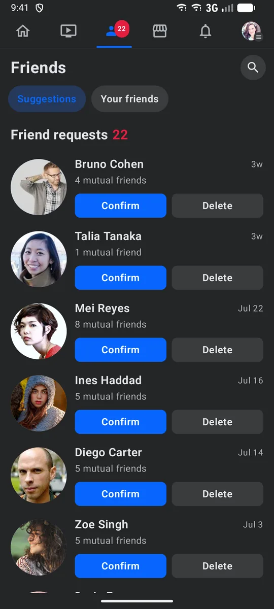 The Facebook-style app on Android: friend requests with Confirm and Delete.