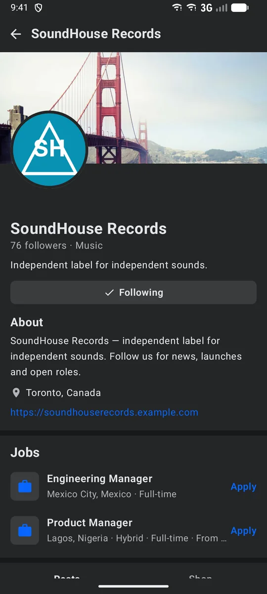 The Facebook-style app on Android: a Page with its About section and posts.