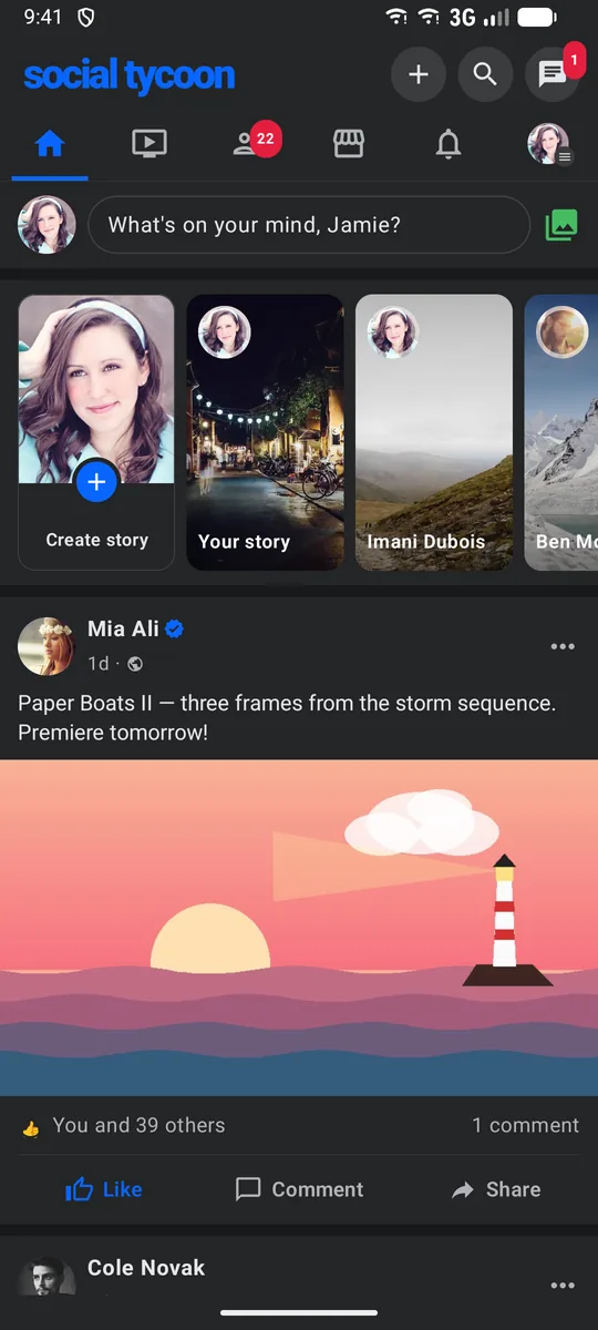 The Facebook-style app on Android: the home feed with stories.
