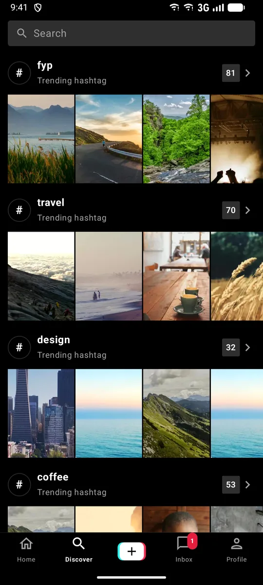 The TikTok-style app on Android: trending hashtags with video grids.