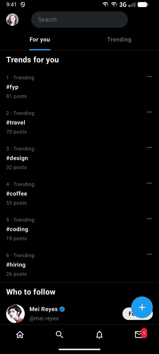 The Twitter-style app on Android: trends for you and who to follow.