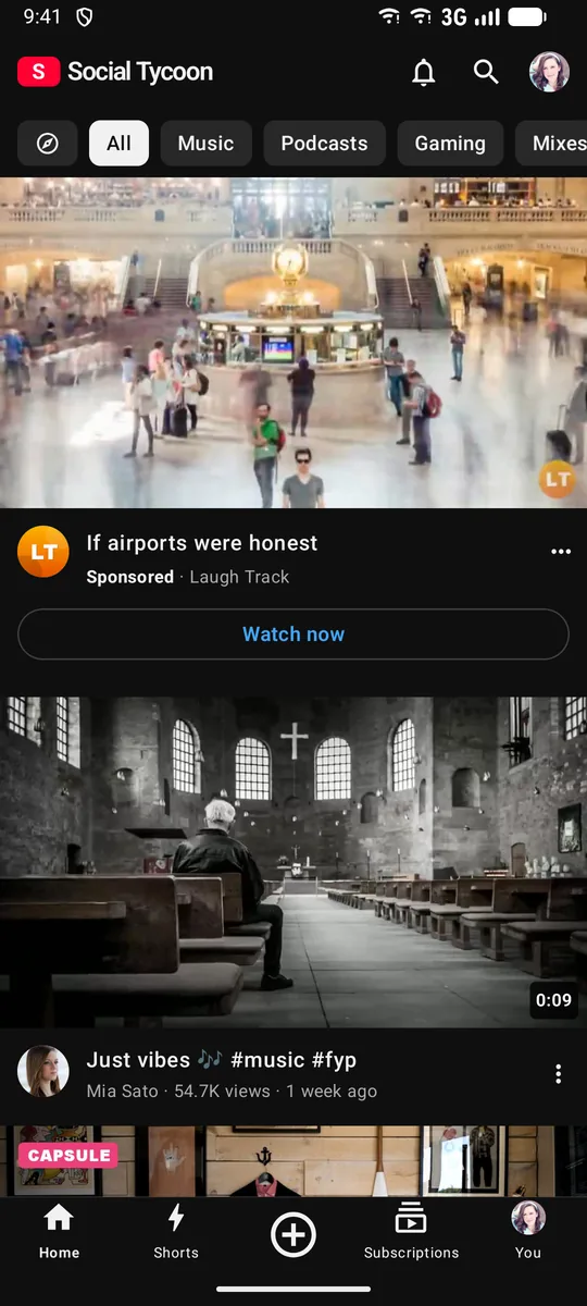 A sponsored video on the Home of the YouTube-style Android app, with Watch now.