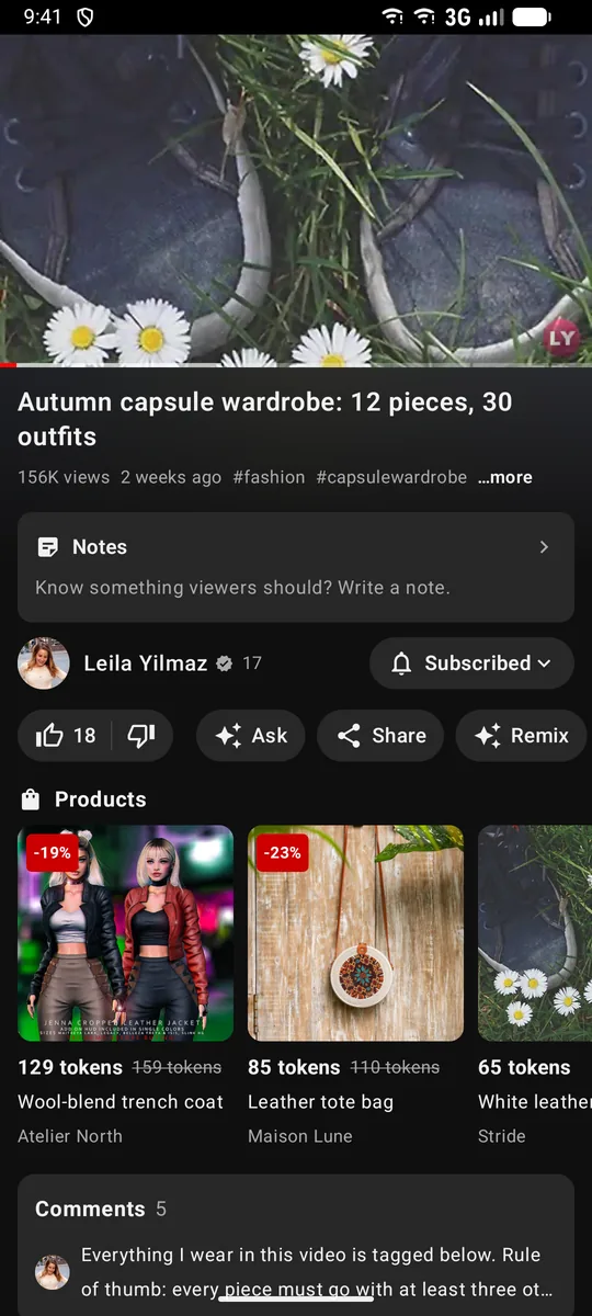 The YouTube-style app on Android: a watch page with Notes, Ask, Share, Remix and a Products shelf priced in tokens.