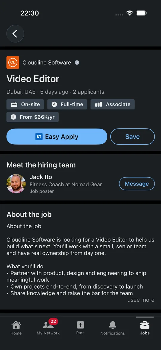 The LinkedIn-style app on iOS: a job with Easy Apply.