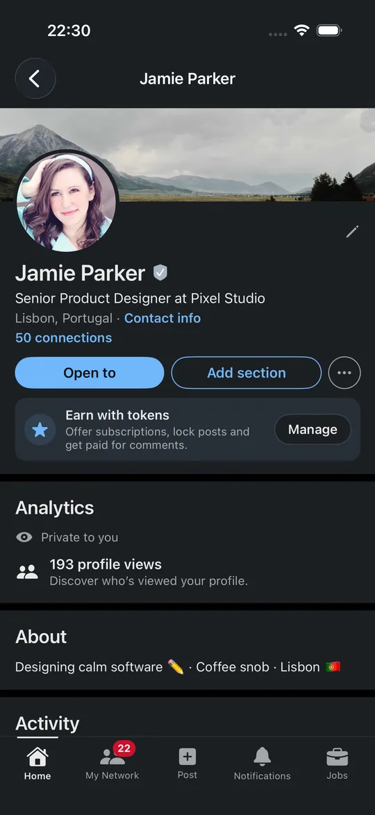 The LinkedIn-style app on iOS: a profile with a headline, connections and Open to.
