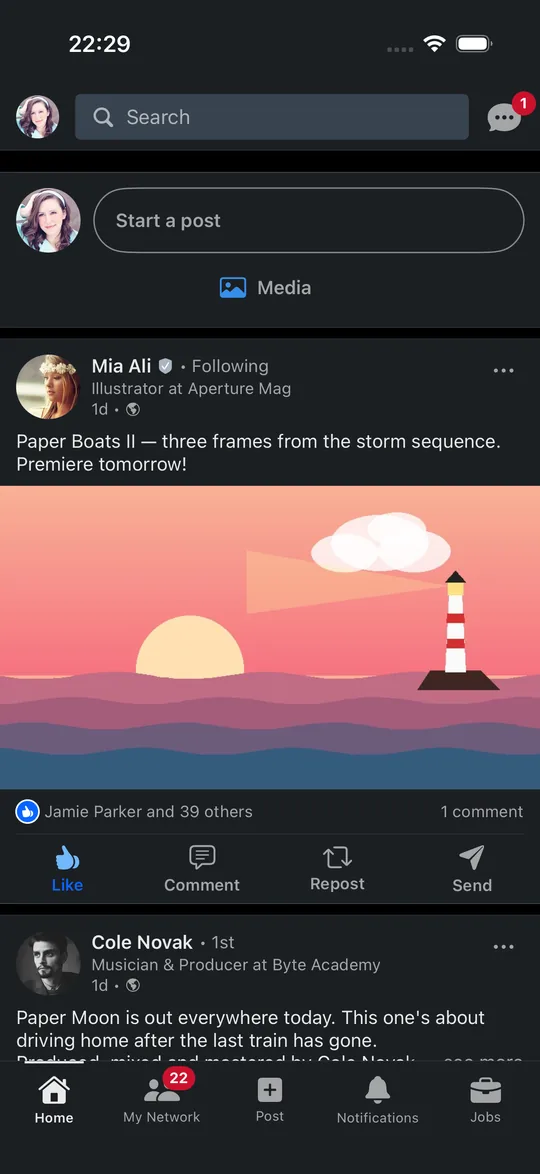 The LinkedIn-style app on iOS: the home feed with headlines under every name.