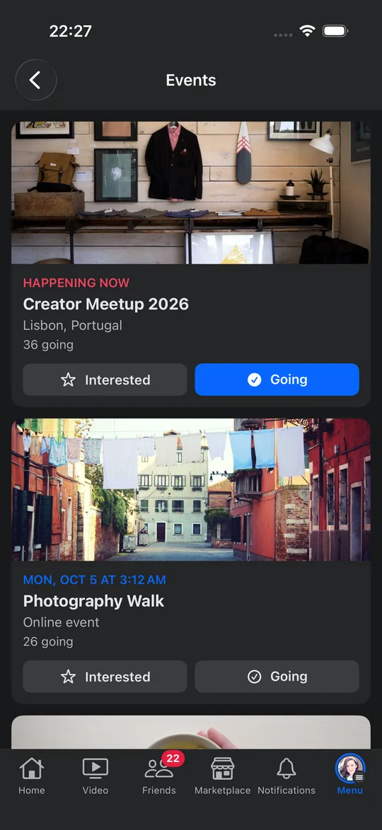 The Facebook-style app on iOS: events with Interested and Going.