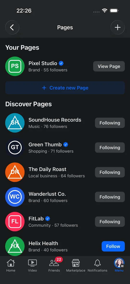 Facebook style: Pages — iOS.