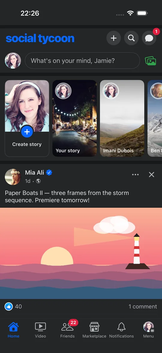 The Facebook-style app on iOS: stories, the composer and a shared post.