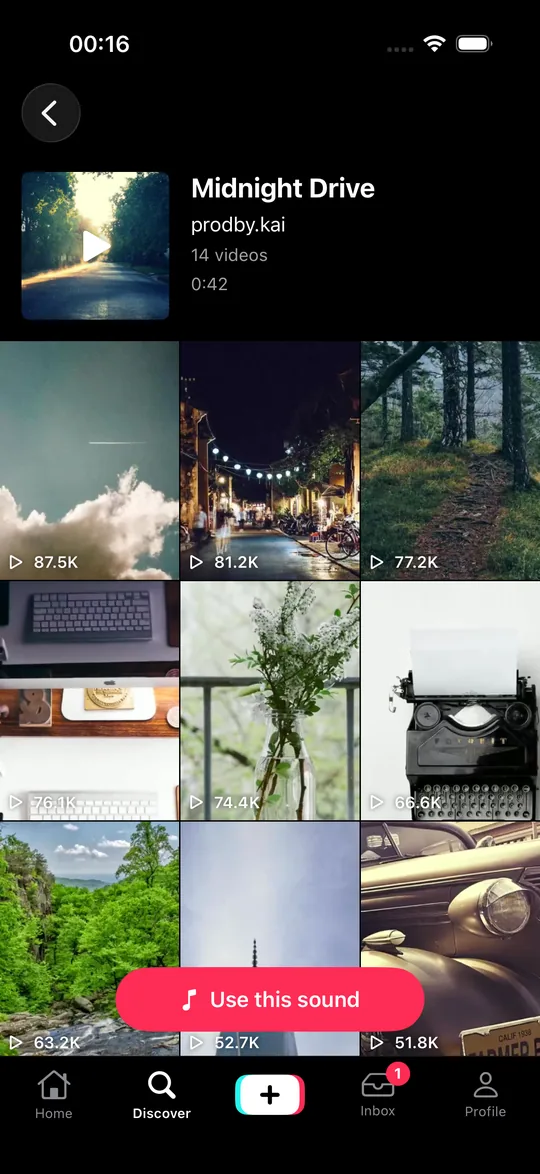 The TikTok-style app on iOS: a sound page.