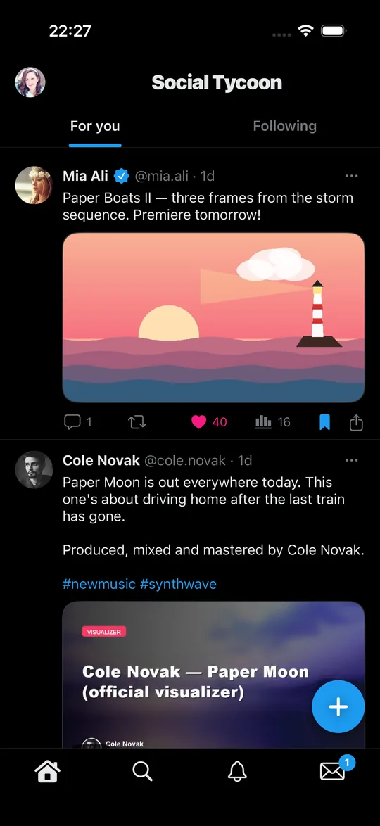 The Twitter-style app on iOS: the For you timeline with a floating compose button.