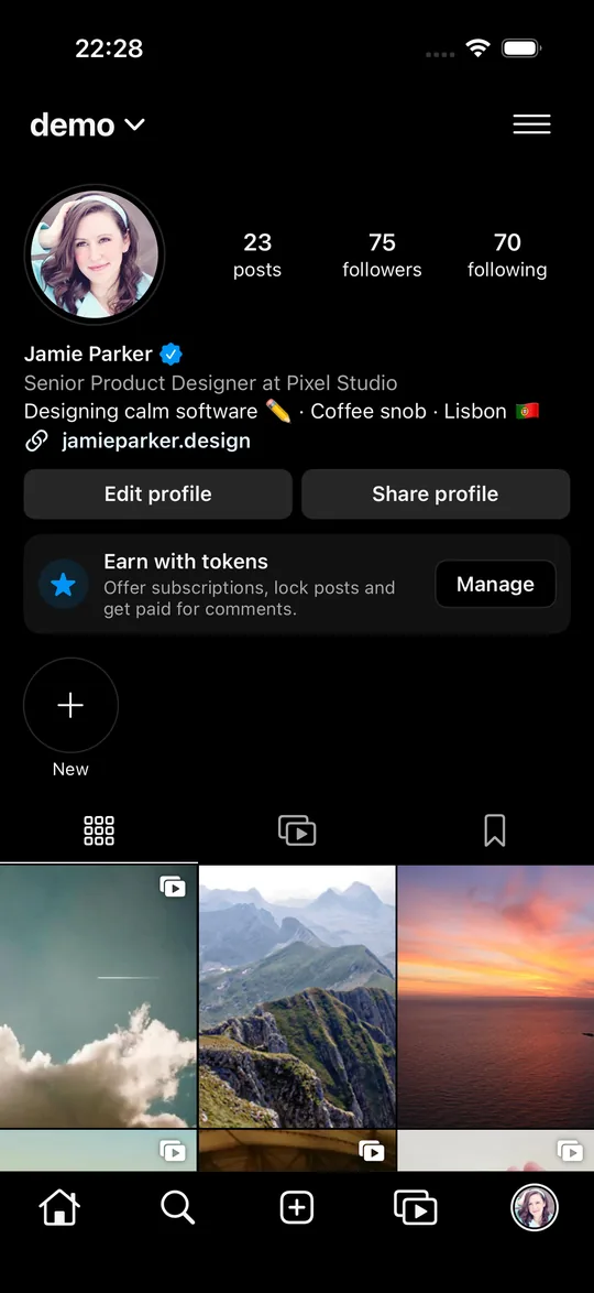 The Instagram-style app on iOS: a profile grid.