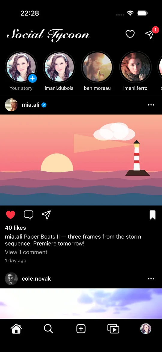 The Instagram-style app on iOS: story rings above a photo post.