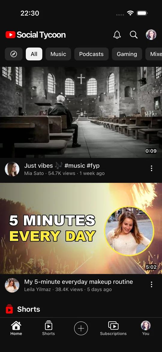 The YouTube-style app on iOS: Home with topic chips, the video feed and a Shorts shelf.