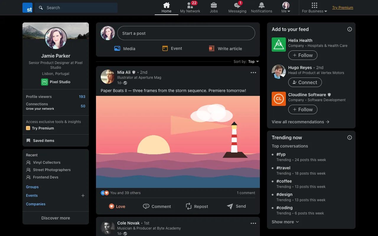 The LinkedIn-style app on the web: the home with a profile card, Start a post and recommendations.