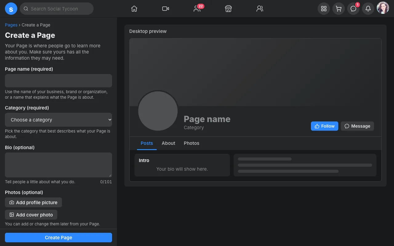 Facebook style: Create a Page, with a live preview — web.