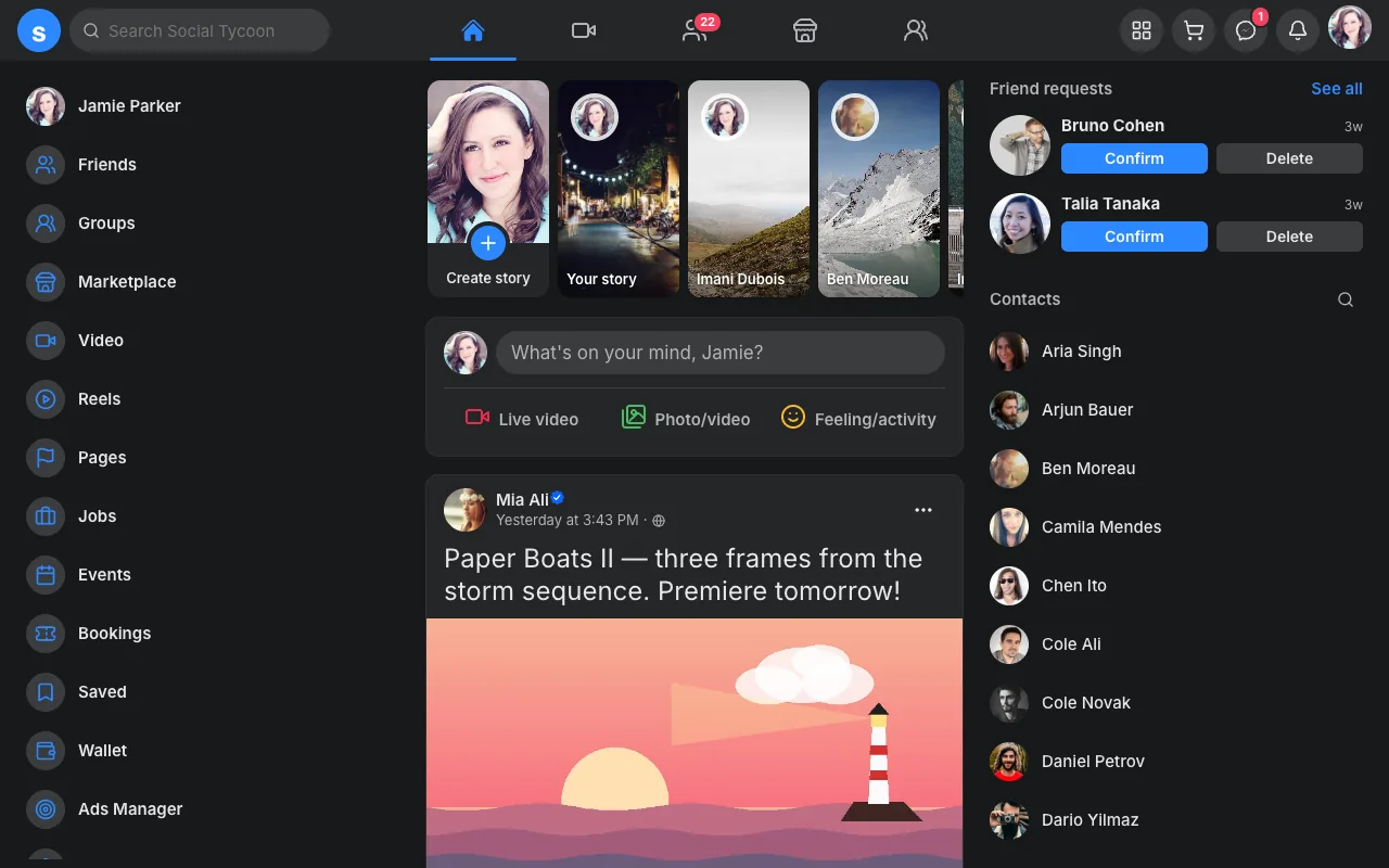 The Facebook-style app on the web: the home with a stories tray, composer and friend requests.