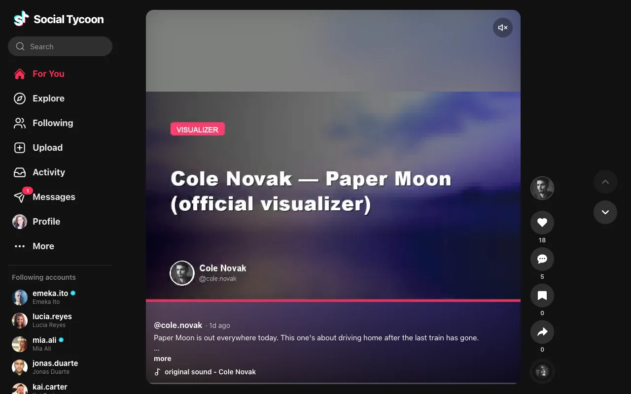 The TikTok-style app on the web: a full-height video with the action rail and the sound disc.