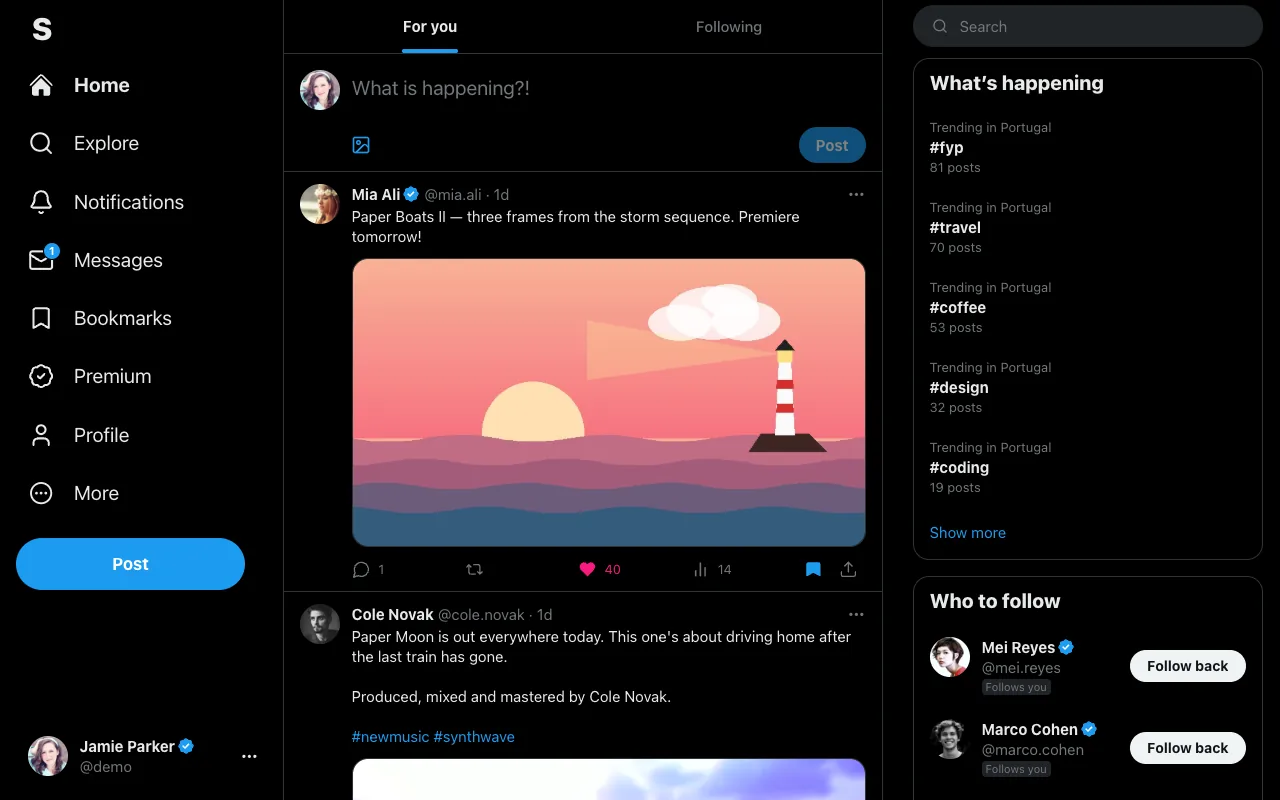 The Twitter-style app on the web: the black timeline with For you and Following tabs, trends and who to follow.