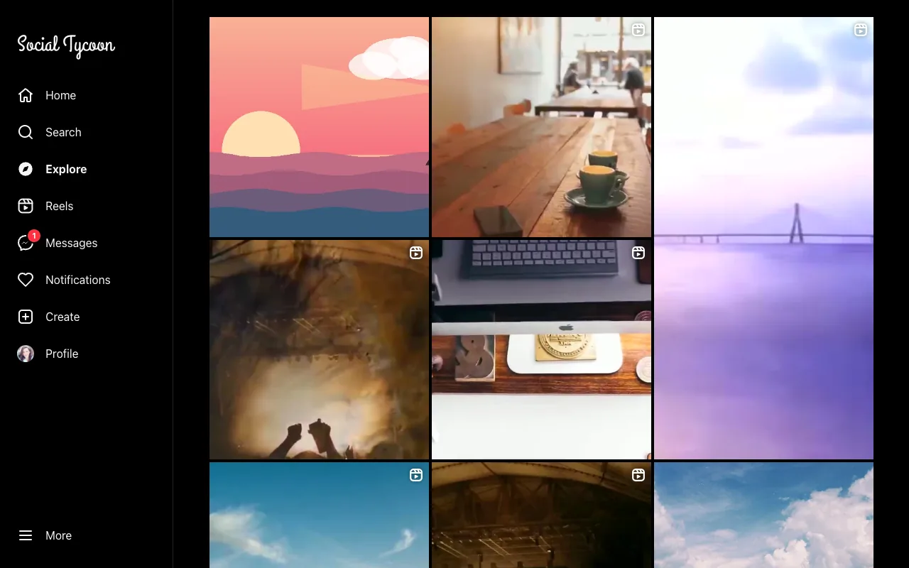 The Instagram-style app on the web: the Explore grid with tall reel tiles.
