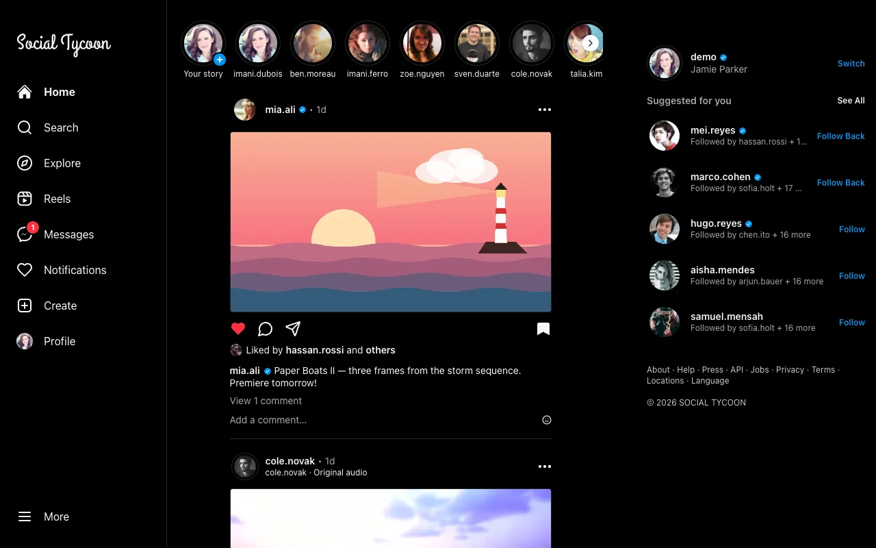 The Instagram-style app on the web: the home with story rings, a photo post and suggestions.