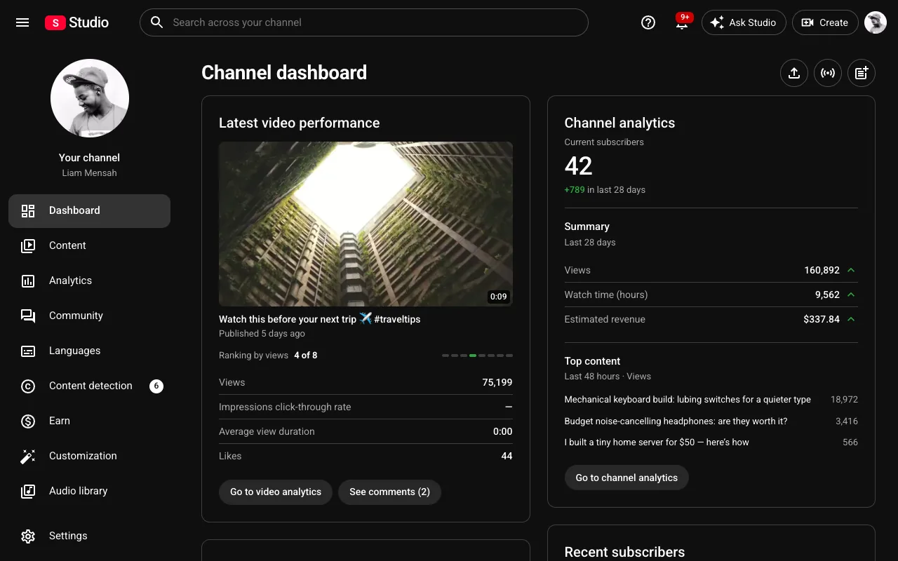 Studio, the creator dashboard of the YouTube-style app, on the web.