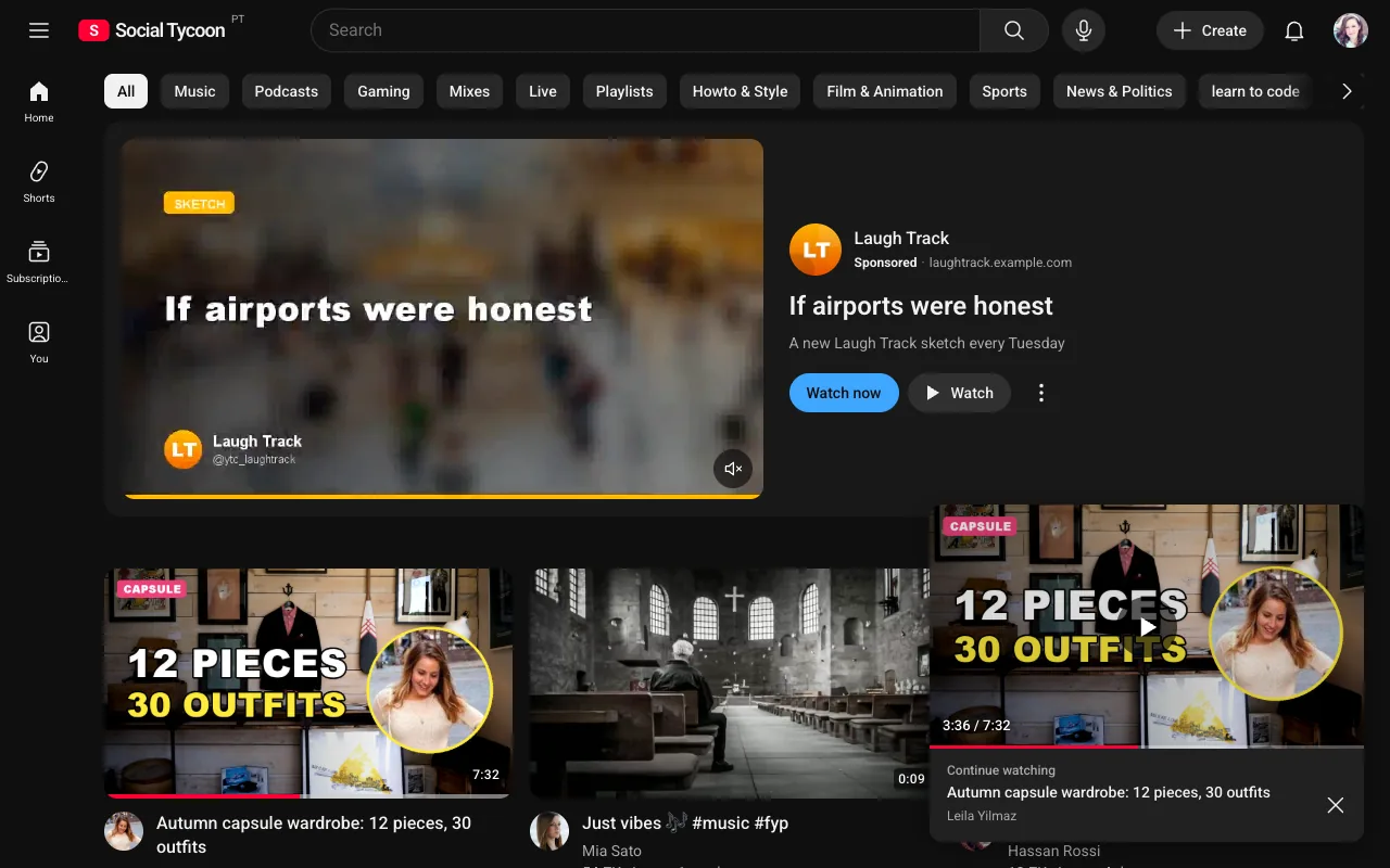 The YouTube-style app on the web: a dark Home with topic chips, a sponsored masthead video, the video grid and the Continue watching miniplayer.